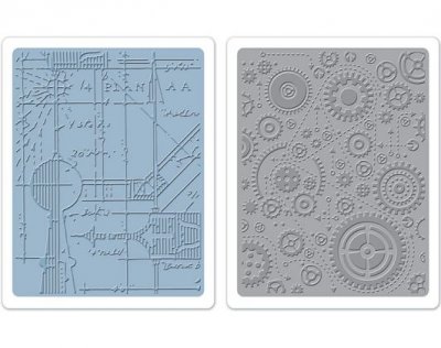 Sizzix Texture Fades Embossing Folders (2 pack) - Blueprint & Gears Set