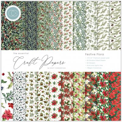 Craft Consortium 12”x12” Paper Pad - Festive Flora Essential Craft Papers (30 sheets)