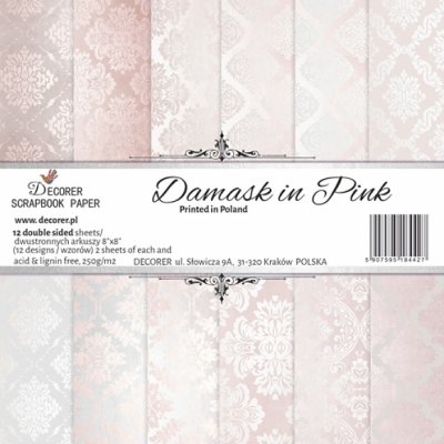 Decorer 8”x8” Paper Pack - Damask in Pink (12 sheets)