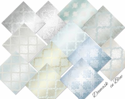 Decorer 8”x8” Paper Pack - Damask in Blue (12 sheets)