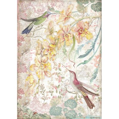 Stamperia A4 Rice Paper Sheet - Yellow Orchids & Birds