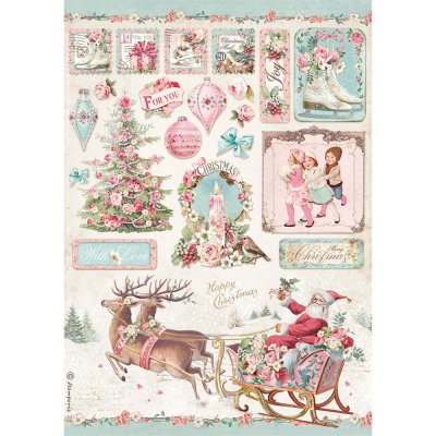 Stamperia A4 Rice Paper Sheet - Pink Christmas Sleigh