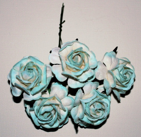 Roses 5st ca 40mm TURQUOISE/WHITE