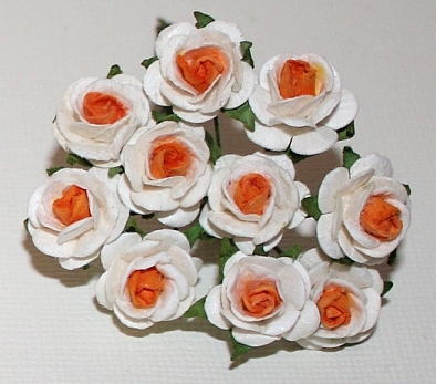 10st Paper Roses ca 15mm 2tone white orange
