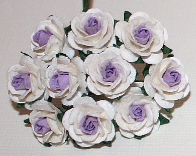 10st Paper Roses ca 15mm 2tone white violet