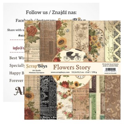 ScrapBoys 6”x6” Paper Set - Flowers Story (24 sheets+cut out elements)