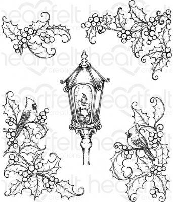 Heartfelt Creations - Festive Holly & Cardinals Pre-Cut Cling Mounted Stamp (5 stamps)
