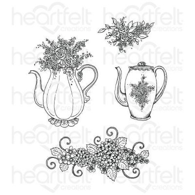 Heartfelt Creations - Elegant Teapot & Florals Pre-Cut Cling Mounted Stamp Set ( stamps)