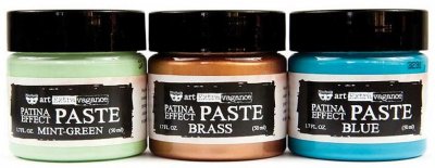 Prima Finnabair Art Extravagance Patina Effect Paste Set - Mint Green, Blue, Brass