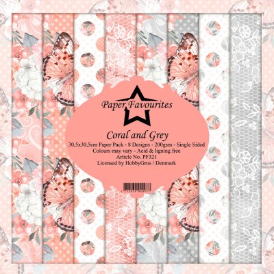 Paper Favourites 12”x12” Paper Pack - Coral and Grey (8 sheets)