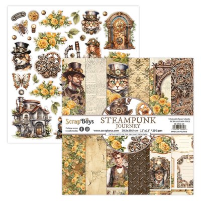 ScrapBoys 12”x12” Paper Pad - Steampunk Journey (12 sheets+cut out elements)