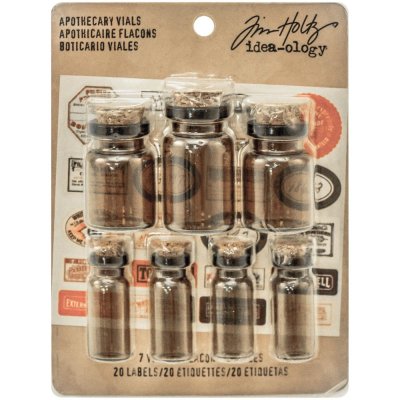 Tim Holtz Idea-Ology Corked Glass Vials - Apothecary Amber with Vintage Labels (7 pack)